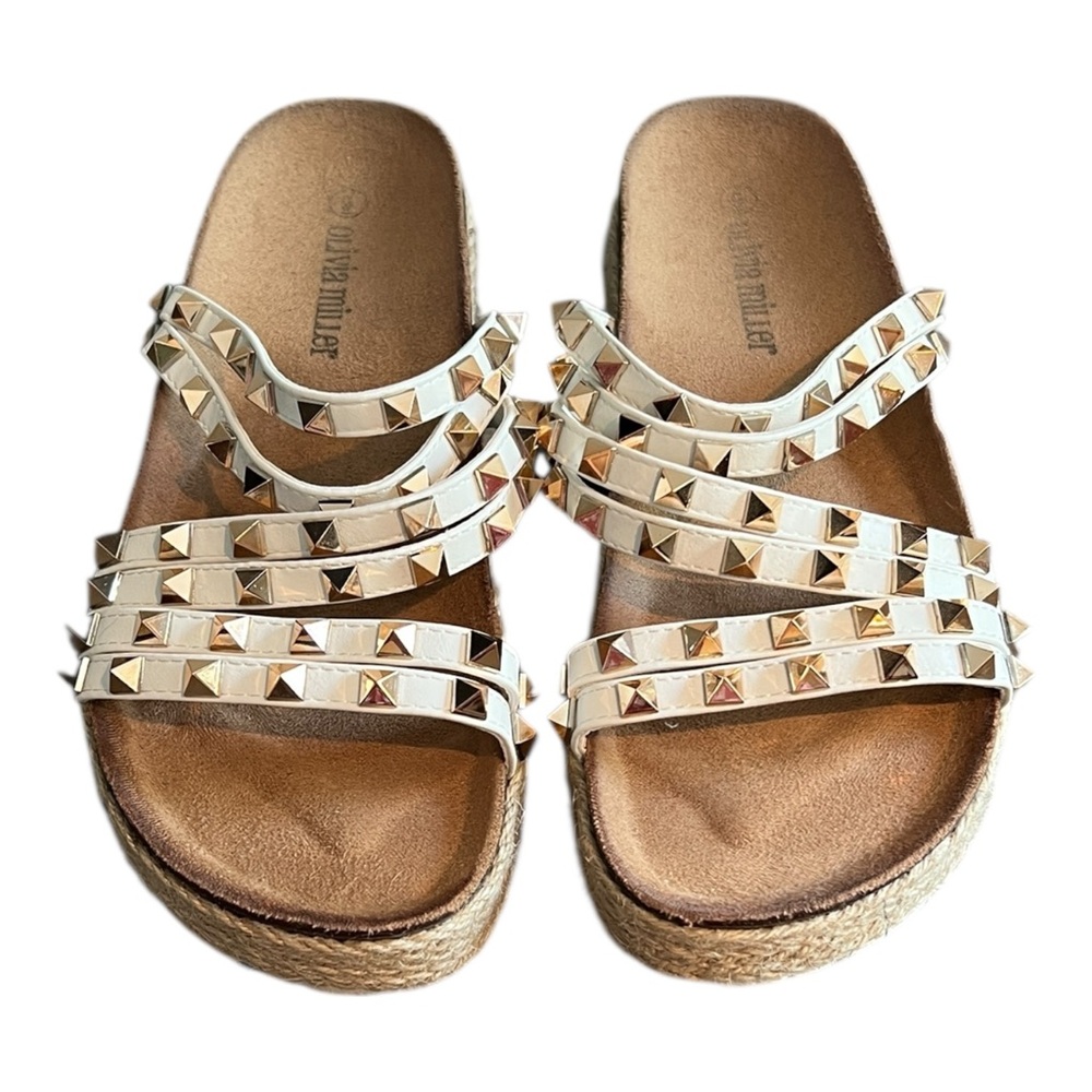 Olivia Miller Cream Studded Espadrille Slide Sandals